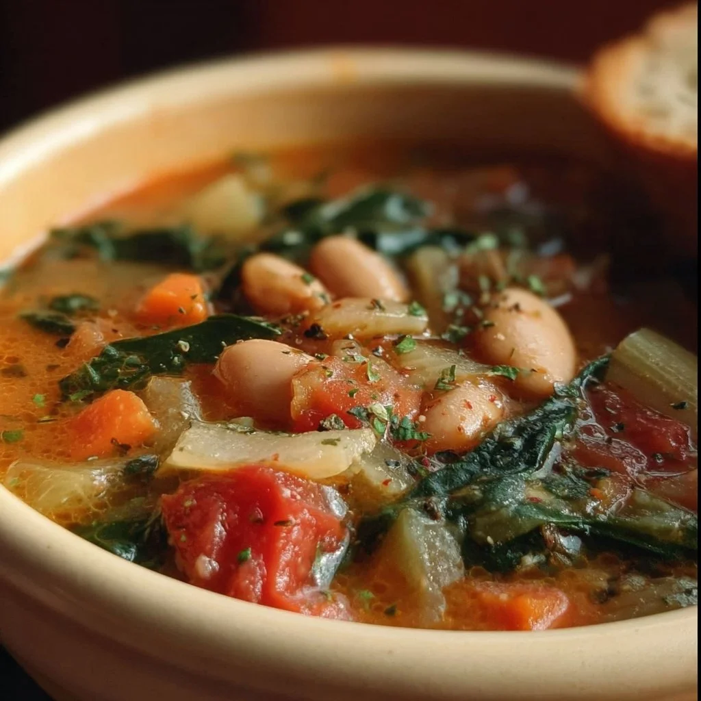 Hearty Tuscan Bean Soup (Ribollita) served in a rustic bowl with fresh herbs