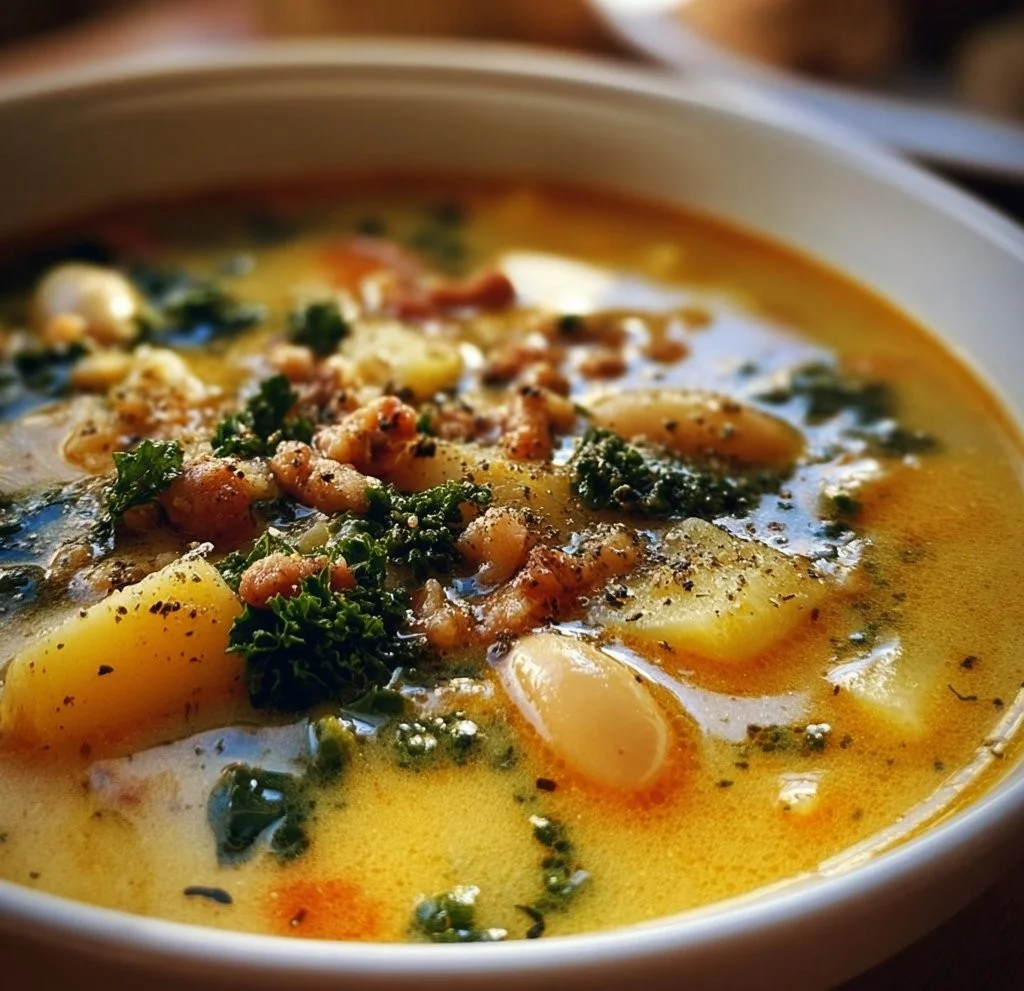 Bowl of hearty Tuscany Soup with vegetables and herbs