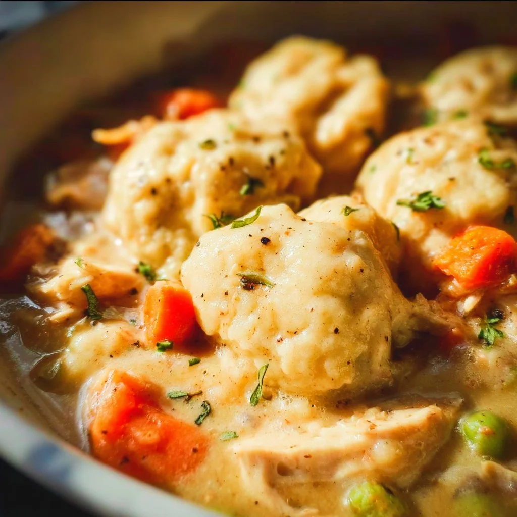 A comforting bowl of vegan chicken and dumplings with fresh herbs and vegetables.