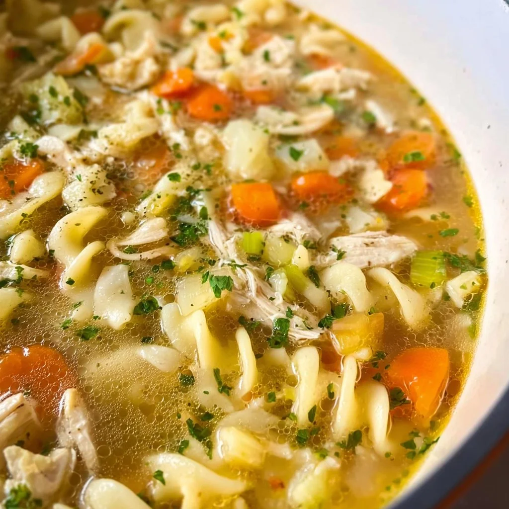 Bowl of Vegan Chicken Noodle Soup with noodles and fresh vegetables