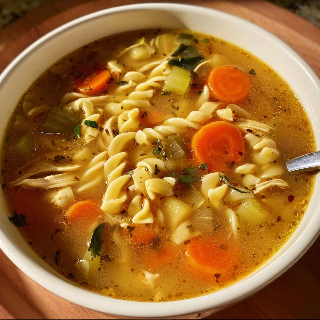 Bowl of Vegan Chicken Noodle Soup with fresh vegetables and noodles