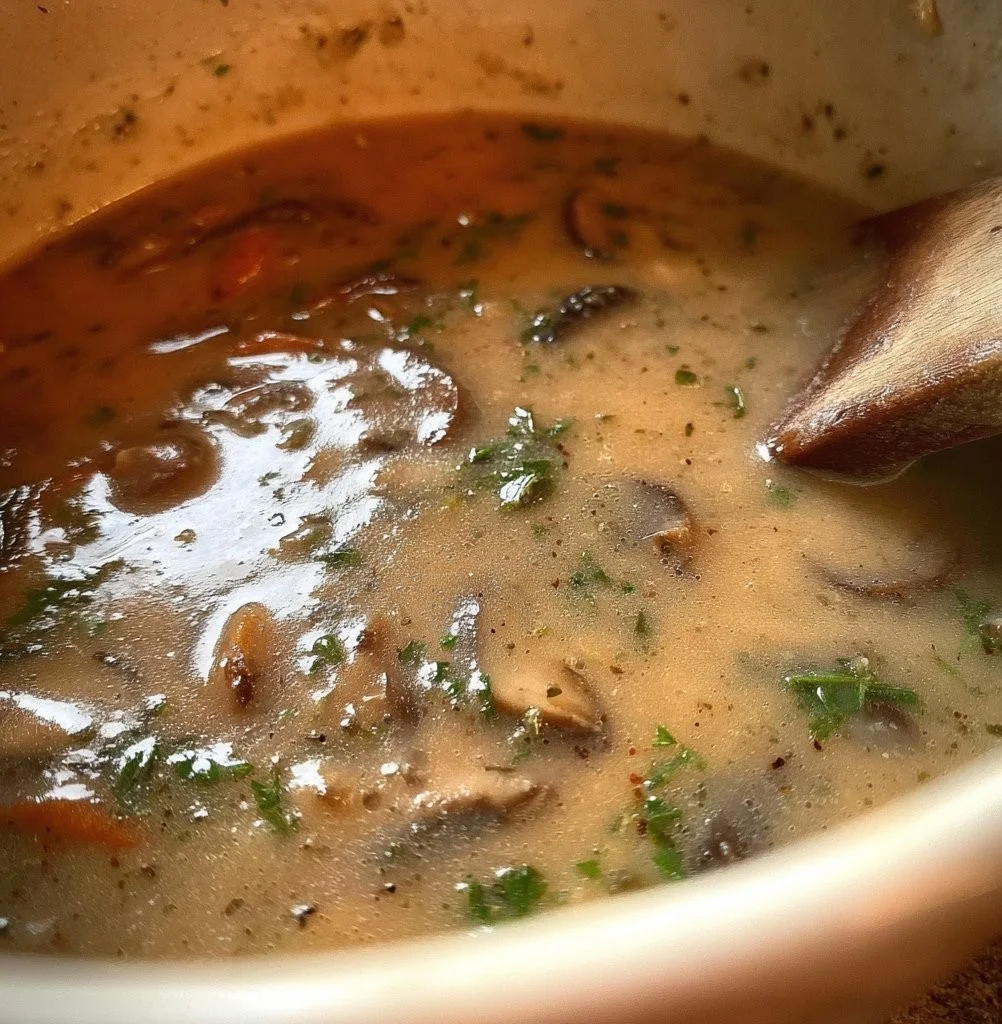 Bowl of vegan gluten-free mushroom soup with fresh mushrooms and herbs