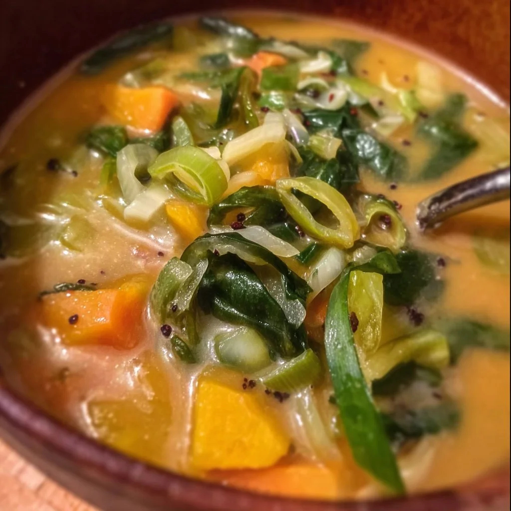 Bowl of Vegan Japanese Winter Squash and Leek Soup garnished with green onions