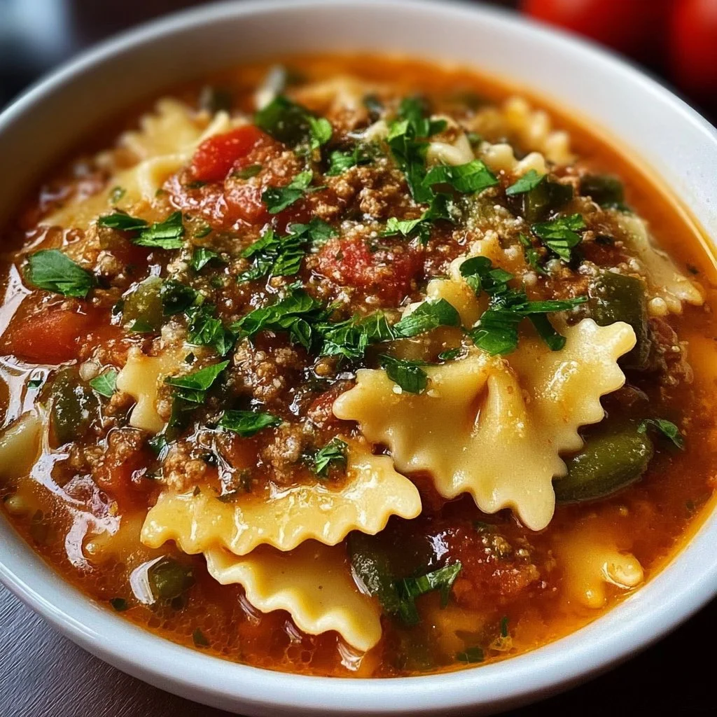 Bowl of Vegan Lasagna Soup with fresh basil and vegetables