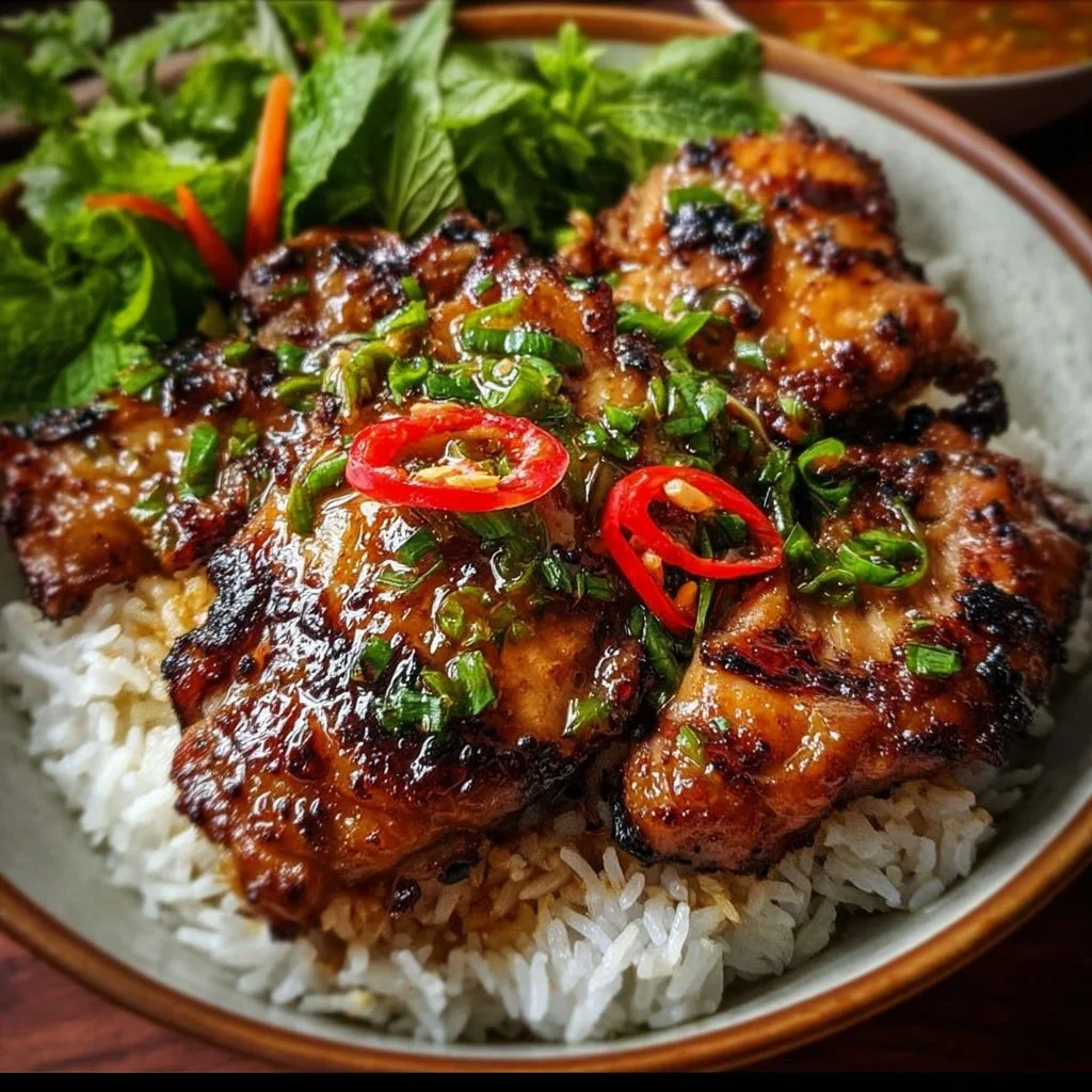 Plate of Vietnamese lemongrass chicken garnished with herbs and vegetables