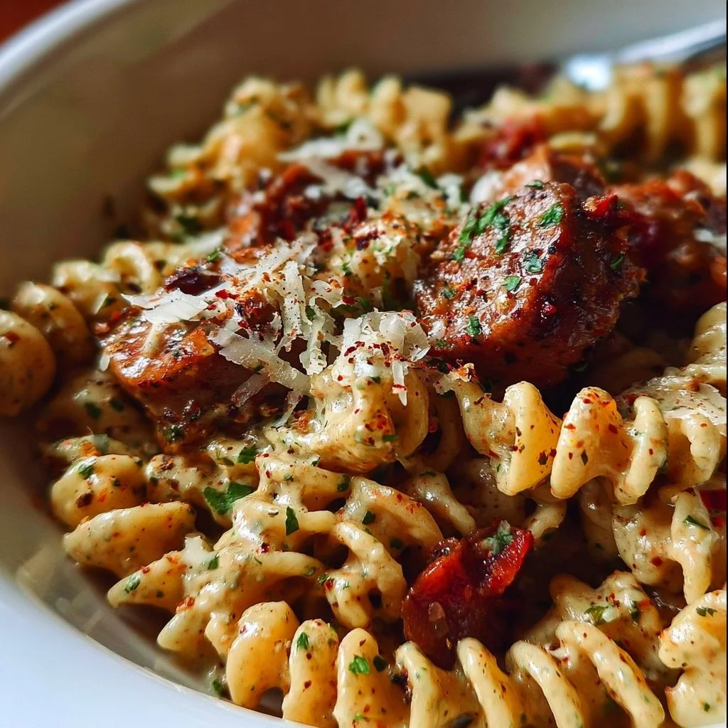 Plate of Voodoo Pasta with colorful ingredients and a hint of spice