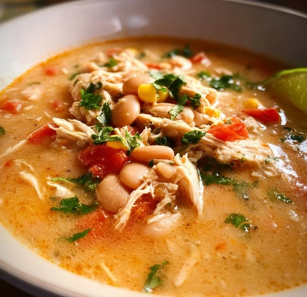 Bowl of White Bean Chicken Chili garnished with cilantro and lime