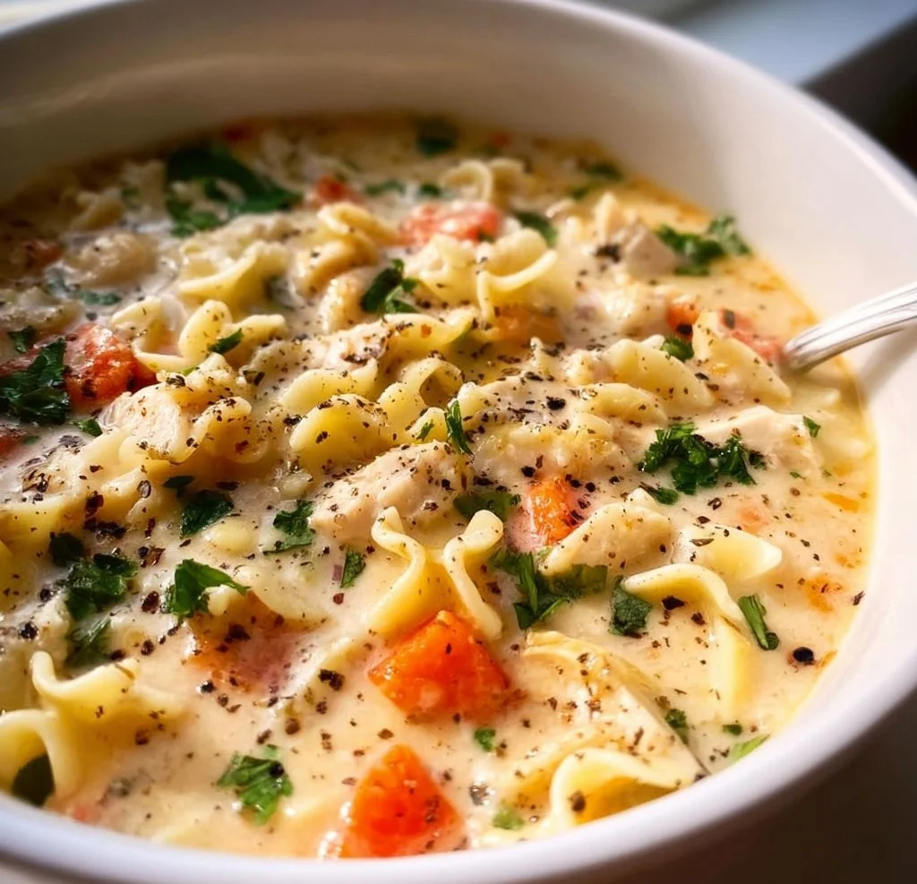 Creamy white chicken lasagna soup in a bowl with garnishes