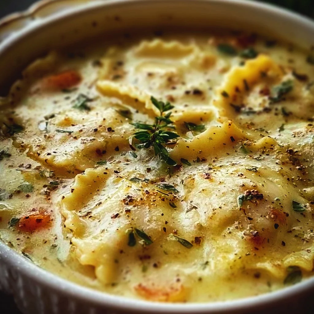 A bowl of creamy White Lasagna Soup with cheese and herbs garnished on top.