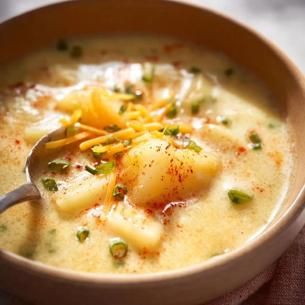 Bowl of creamy 4 ingredient potato soup garnished with herbs