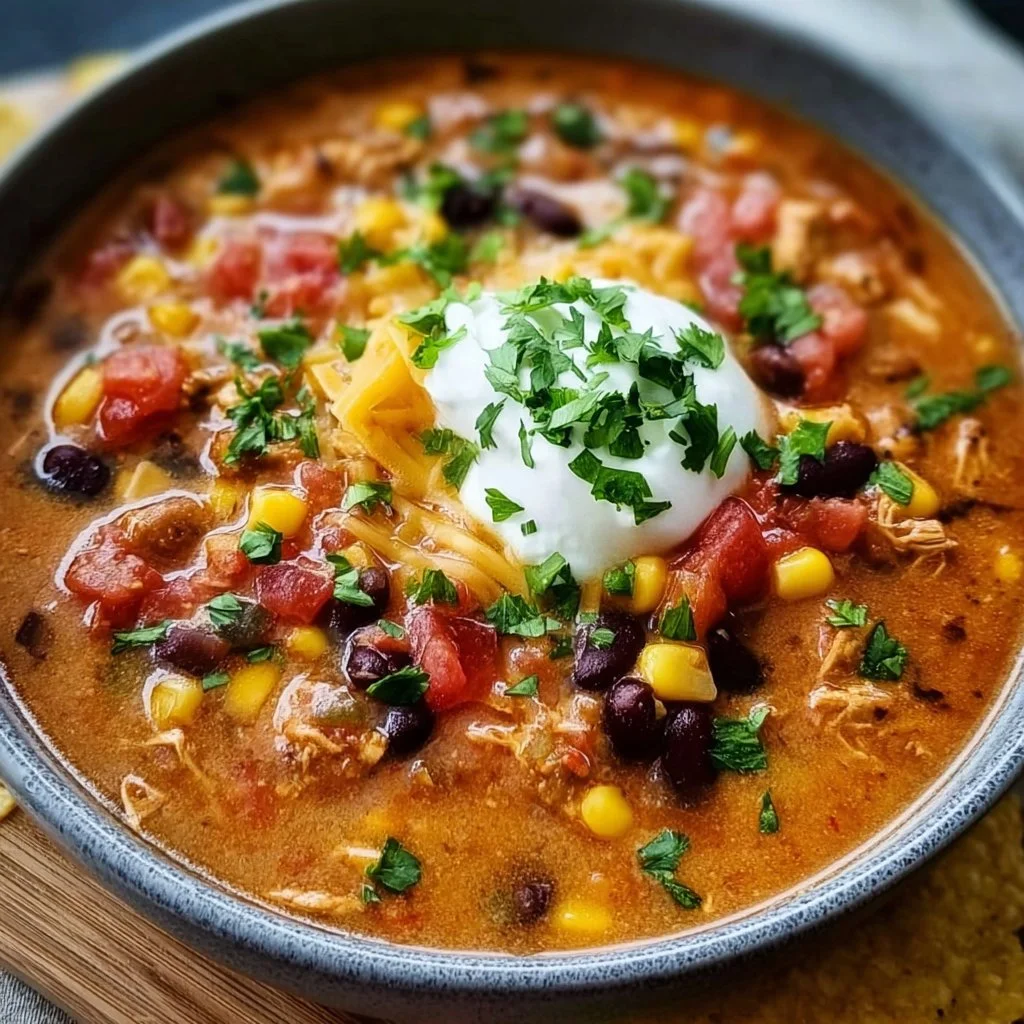 Delicious bowl of 8 Can Taco Soup with beans and toppings