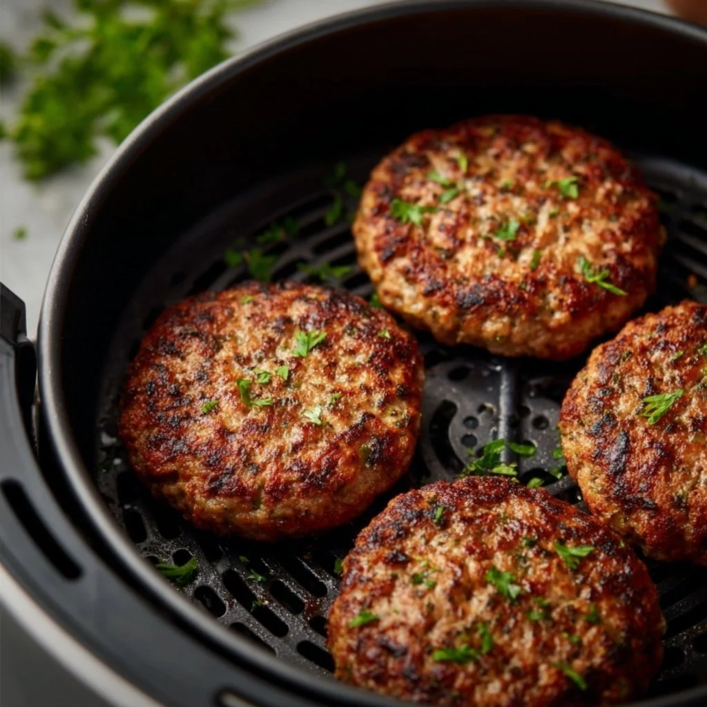 Delicious air fryer burgers cooked to perfection with crispy edges.
