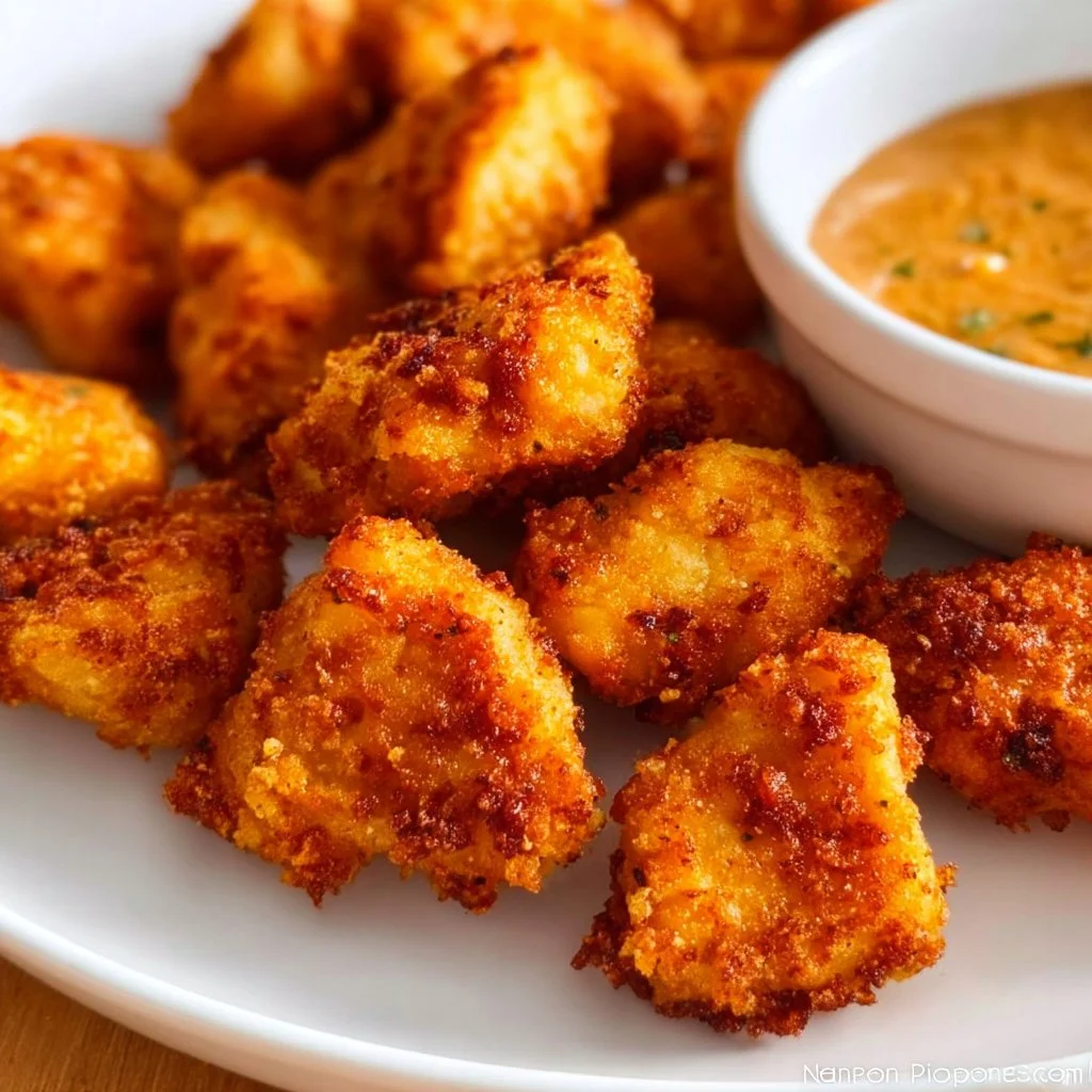 Delicious air fryer chicken bites served with dipping sauce on a plate
