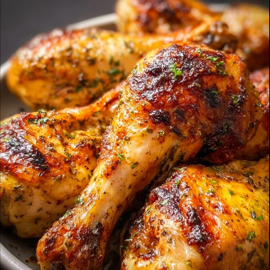 Crispy air fryer chicken legs served on a plate with herbs