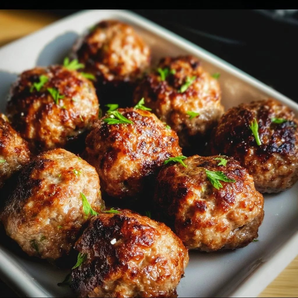 Crispy air fryer meatballs served on a plate with sauce and herbs.