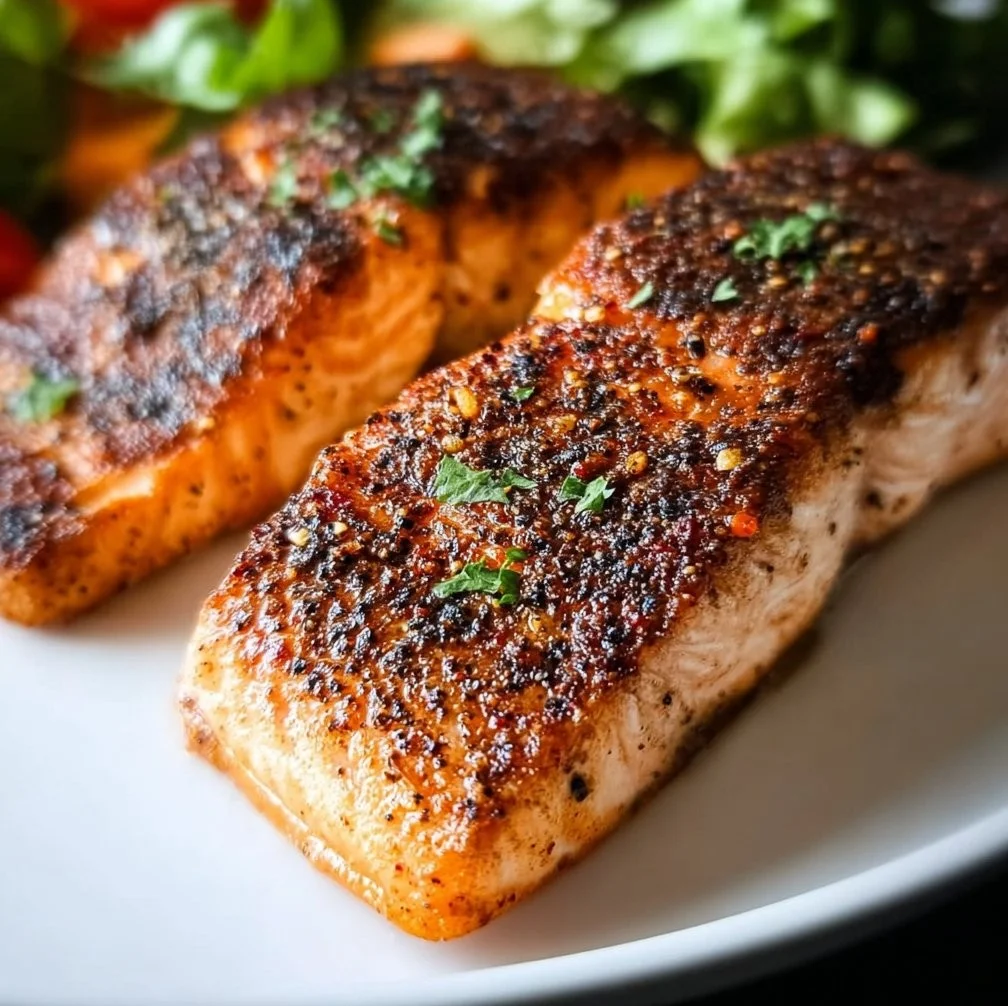 Deliciously cooked salmon made in an air fryer, served with fresh herbs