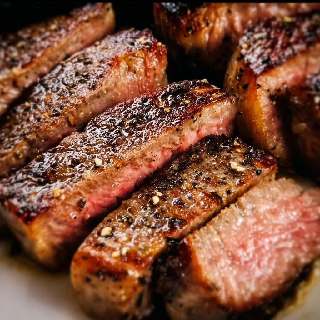 Juicy air fryer steak perfectly cooked and seasoned on a plate