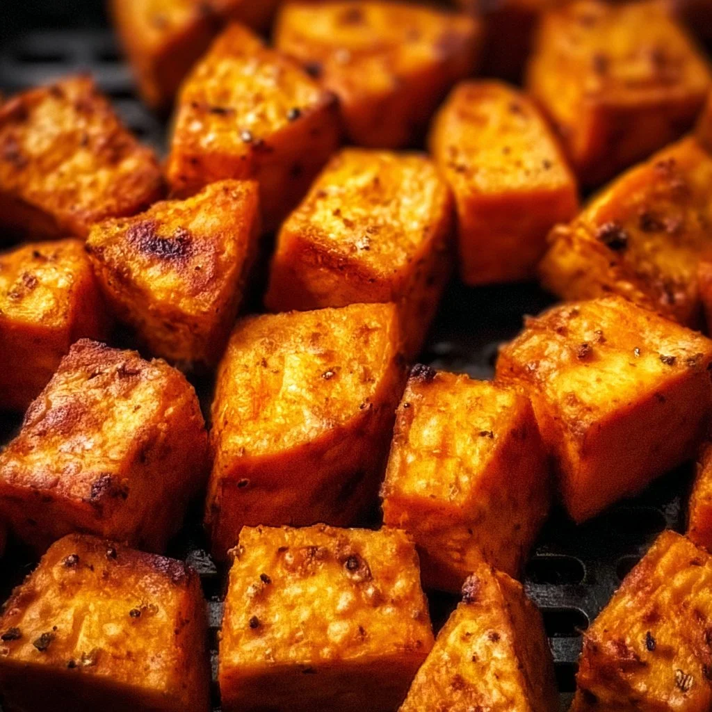 Crispy air fryer sweet potato cubes in a bowl