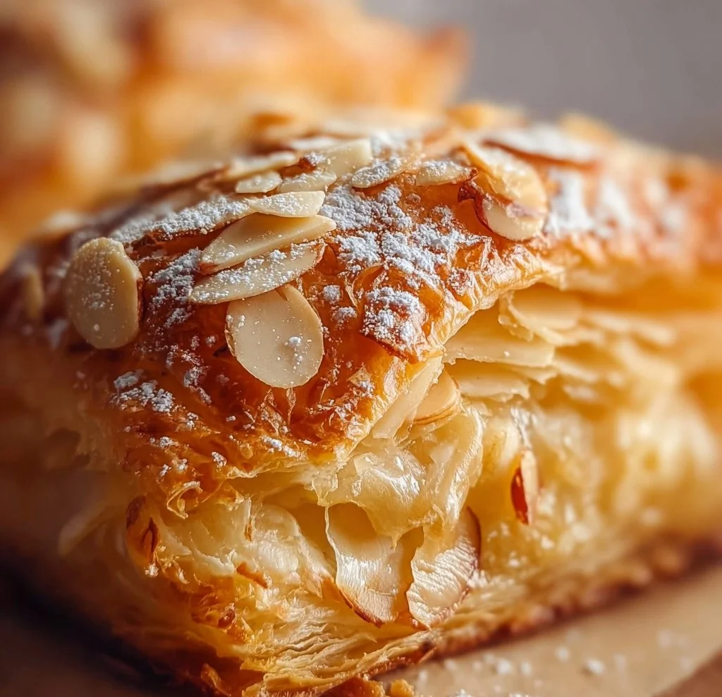 Delicious almond puff pastry with a golden-brown flaky crust and almond filling.