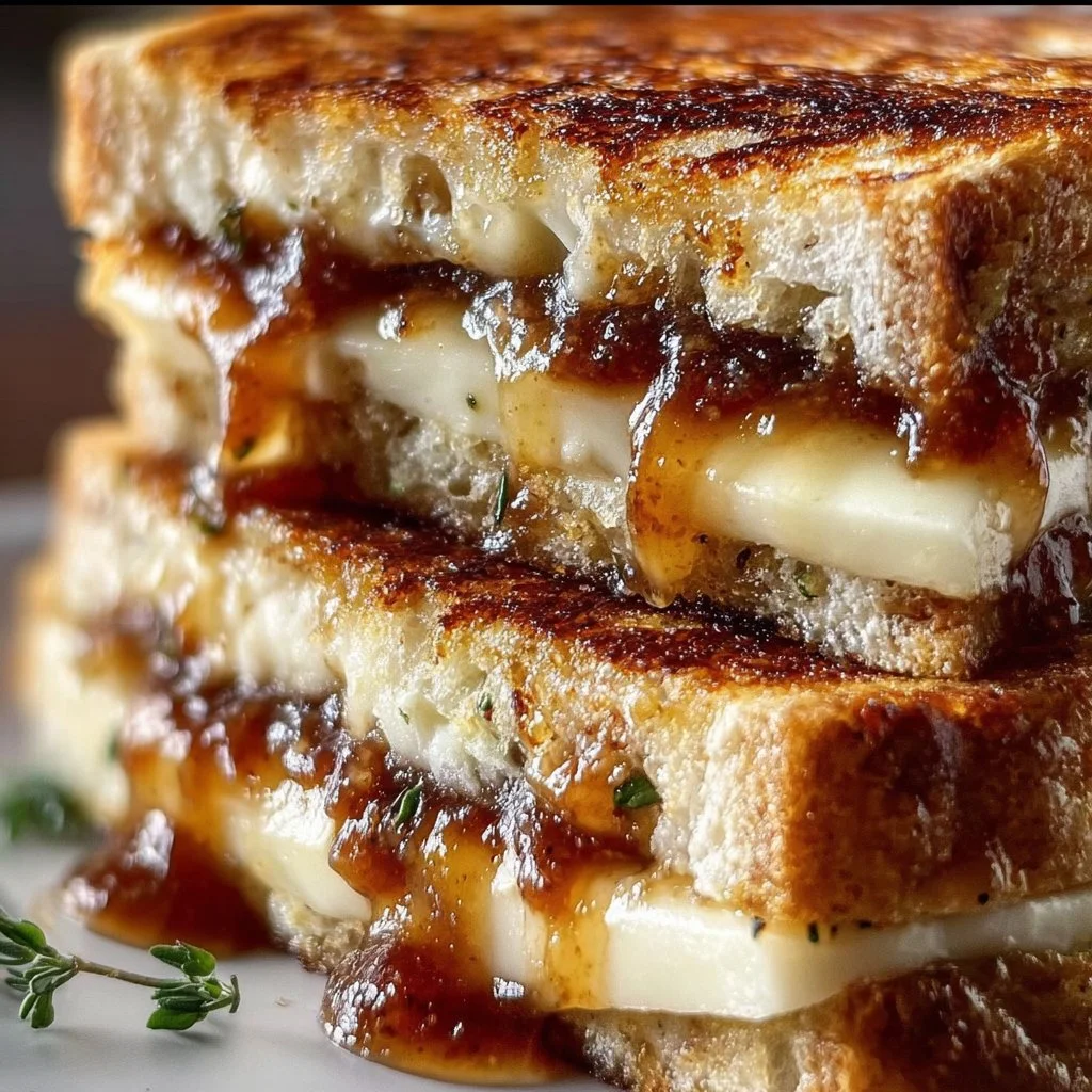 Apple Butter Brie Grilled Cheese sandwich with melted cheese and sweet apple butter