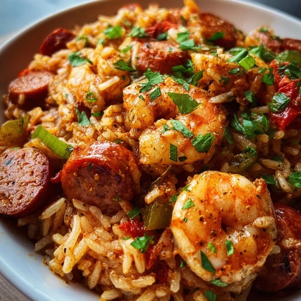 Delicious plate of authentic Cajun Jambalaya with shrimp and sausage