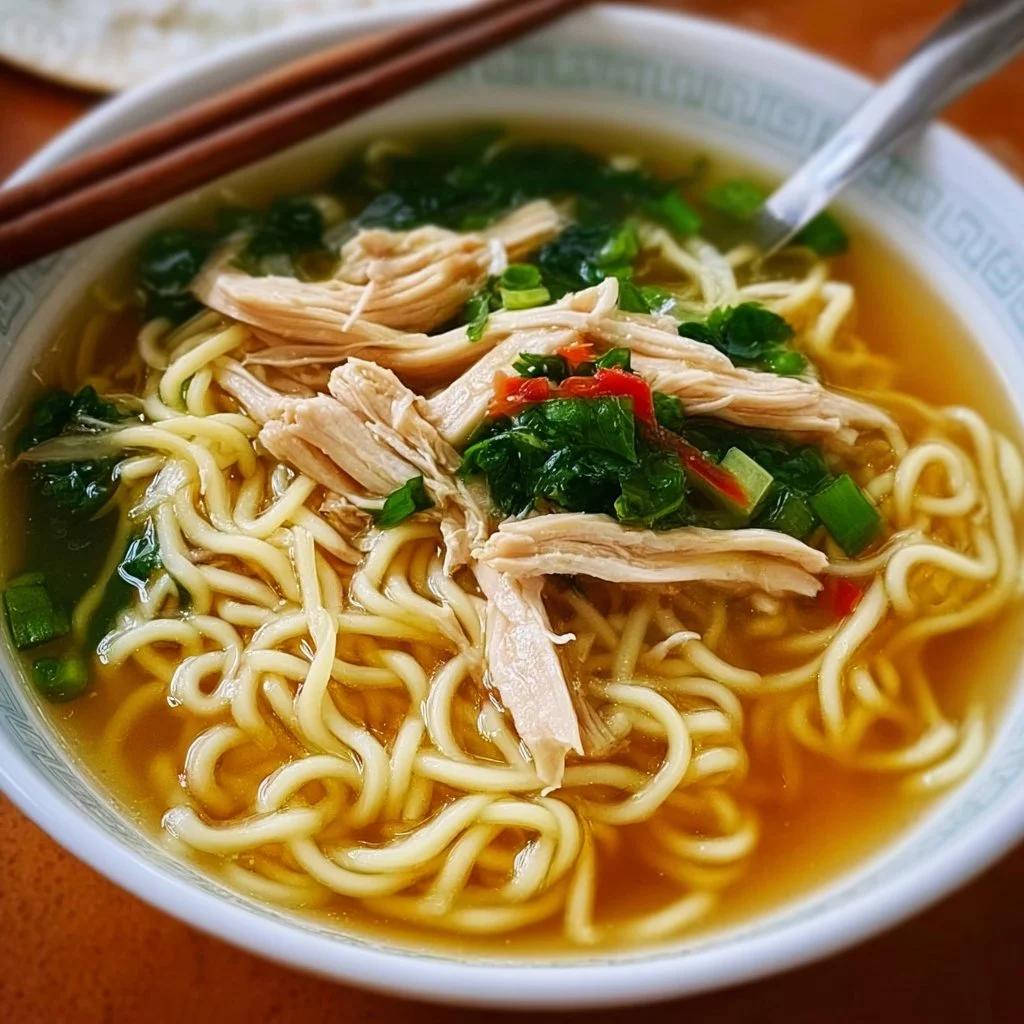 Bowl of authentic Chinese Chicken Noodle Soup with fresh vegetables and tender chicken