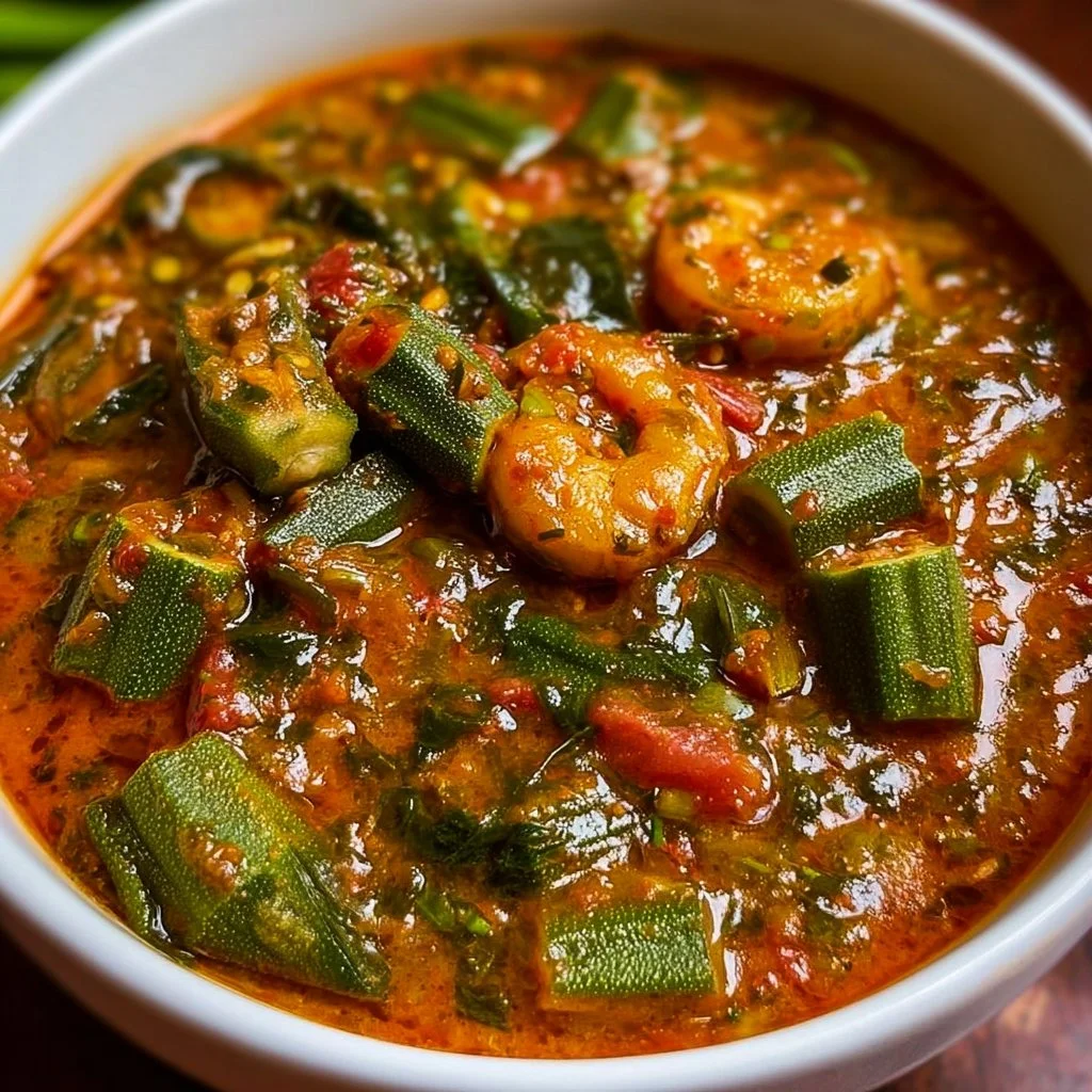 Bowl of Authentic Nigerian Okra Soup with fresh ingredients