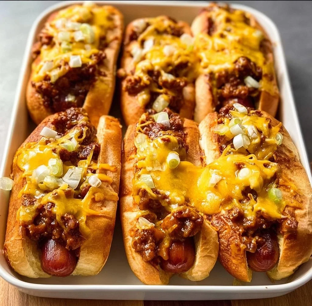 Plate of baked chili cheese dogs topped with melted cheese and chili