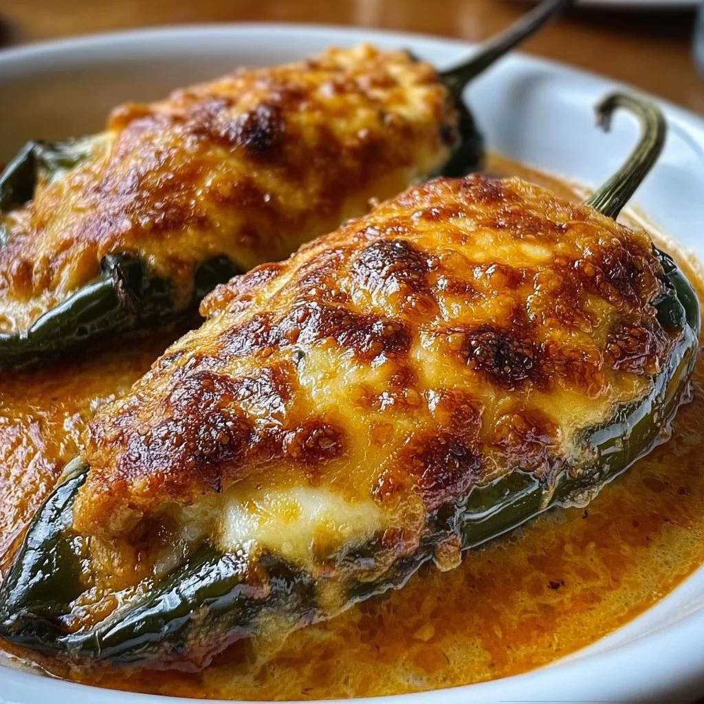 Baked chili rellenos topped with cheese and served on a plate