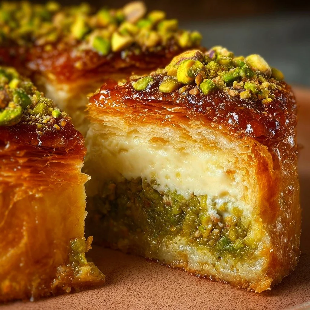 Delicious Baklava Pistachio Cheesecake garnished with pistachios and honey syrup