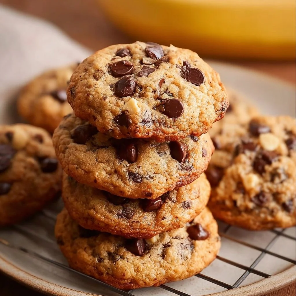 Delicious banana bread chocolate chip cookies stacked on a plate