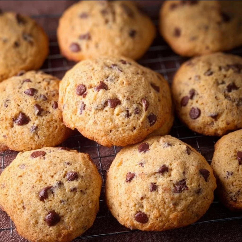 Freshly baked banana chocolate chip cookies on a cooling rack