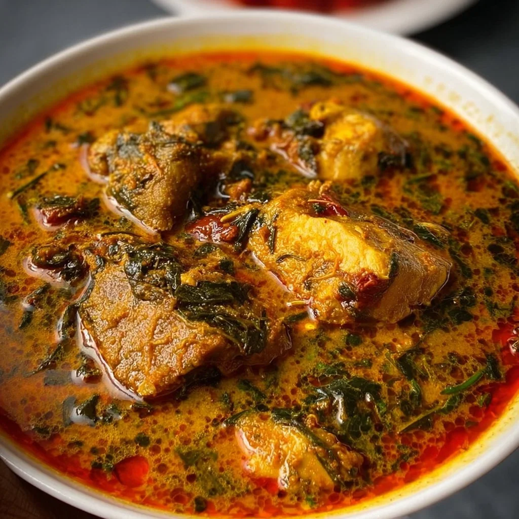 Banga Soup featuring palm nut extract, spices, and assorted meats in a bowl