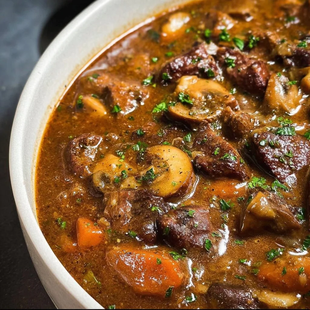Delicious beef and mushroom stew simmering in a pot, ready to serve.