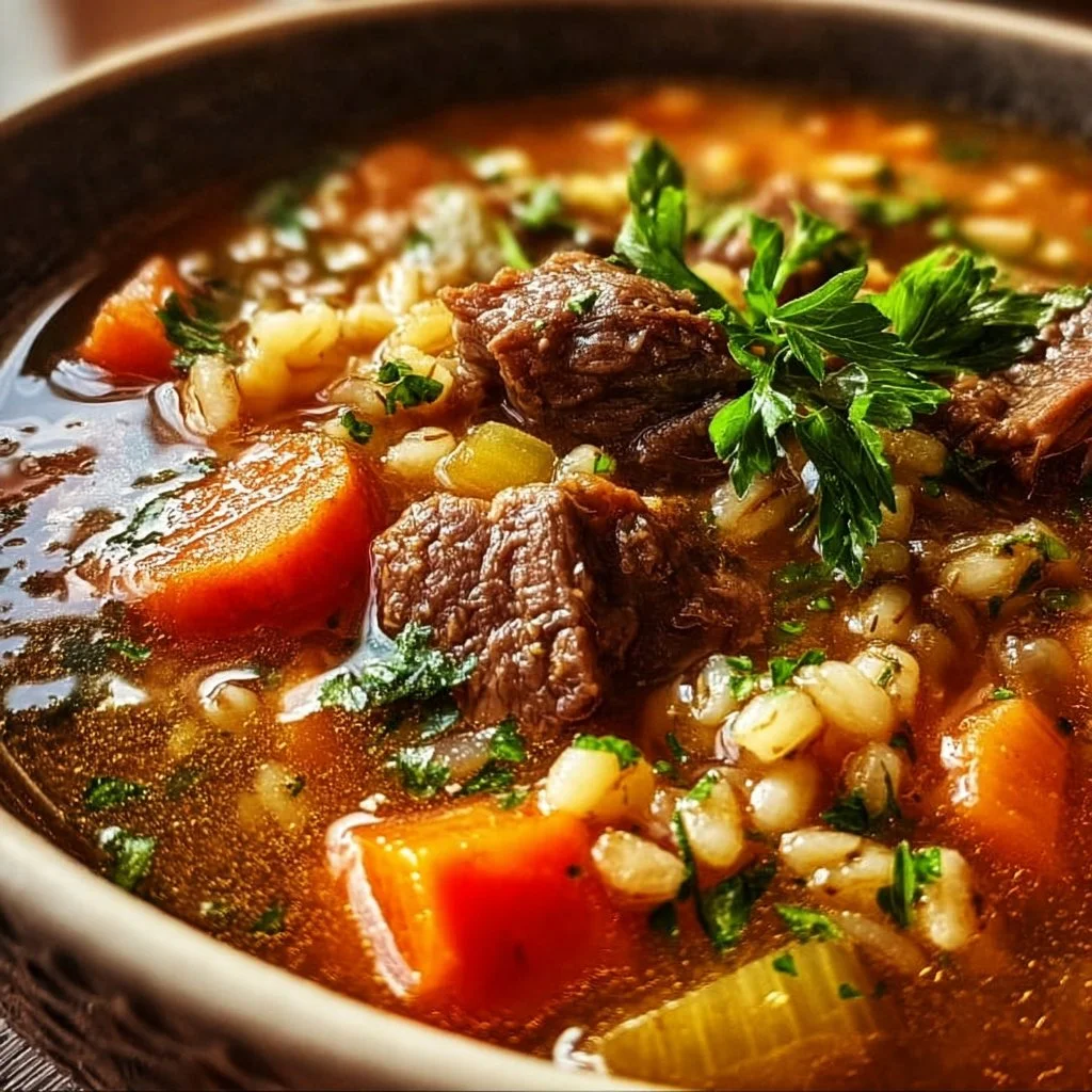 Bowl of hearty beef barley soup with vegetables and fresh herbs