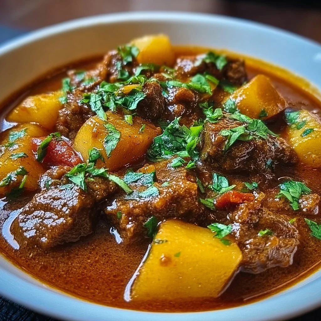Delicious bowl of Beef Goulash with hearty ingredients and spices.