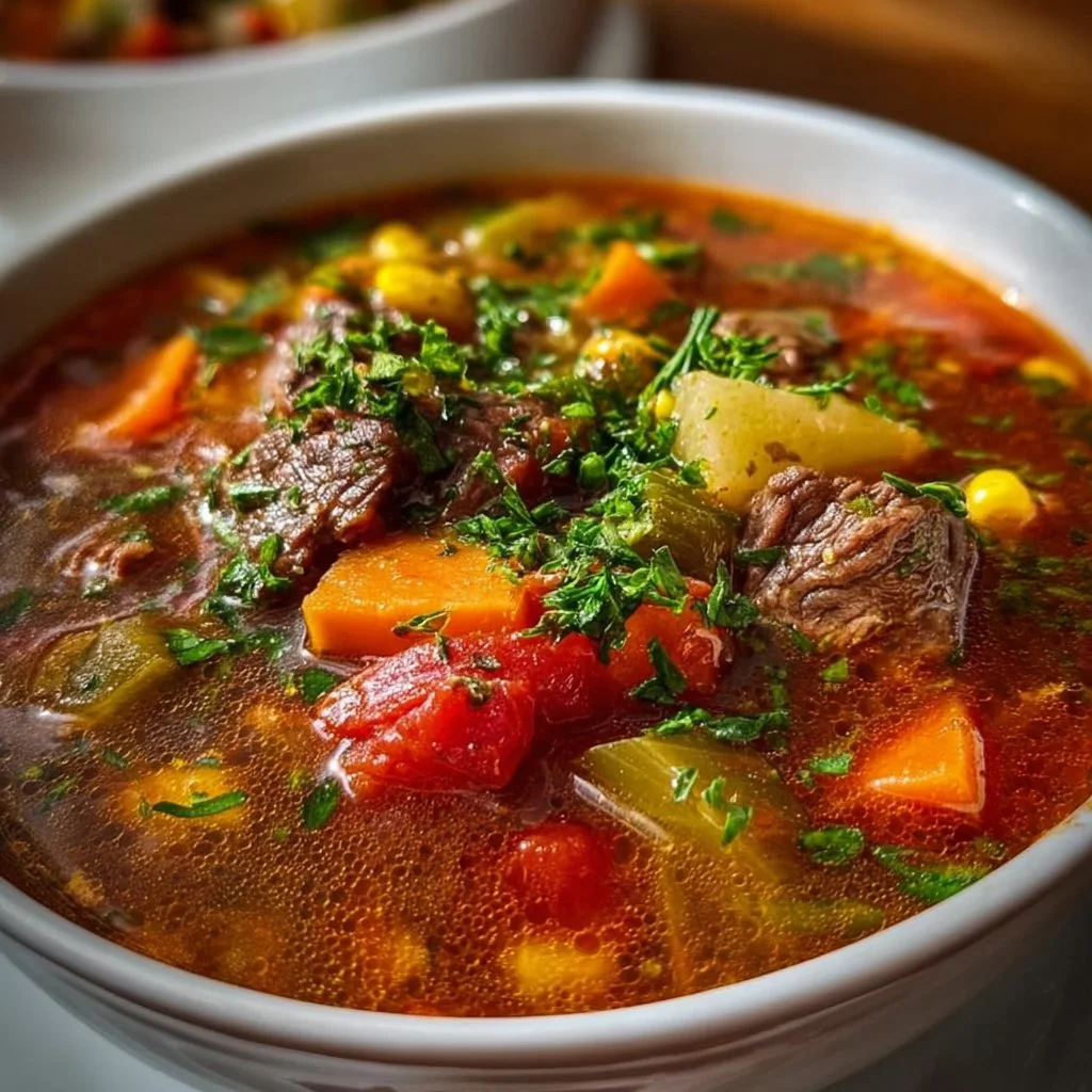 A bowl of steaming beef vegetable soup with fresh ingredients