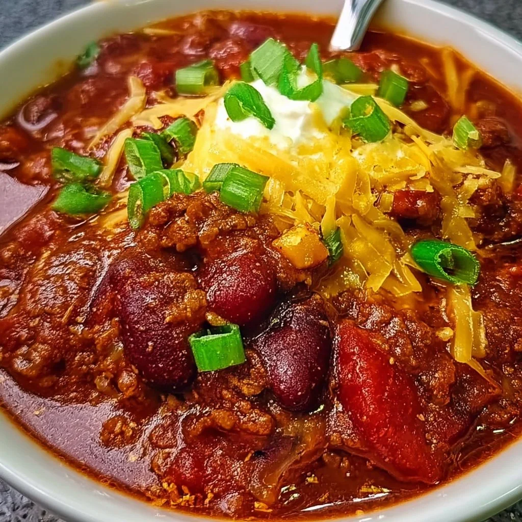 Bowl of classic low sodium chili topped with fresh herbs and spices