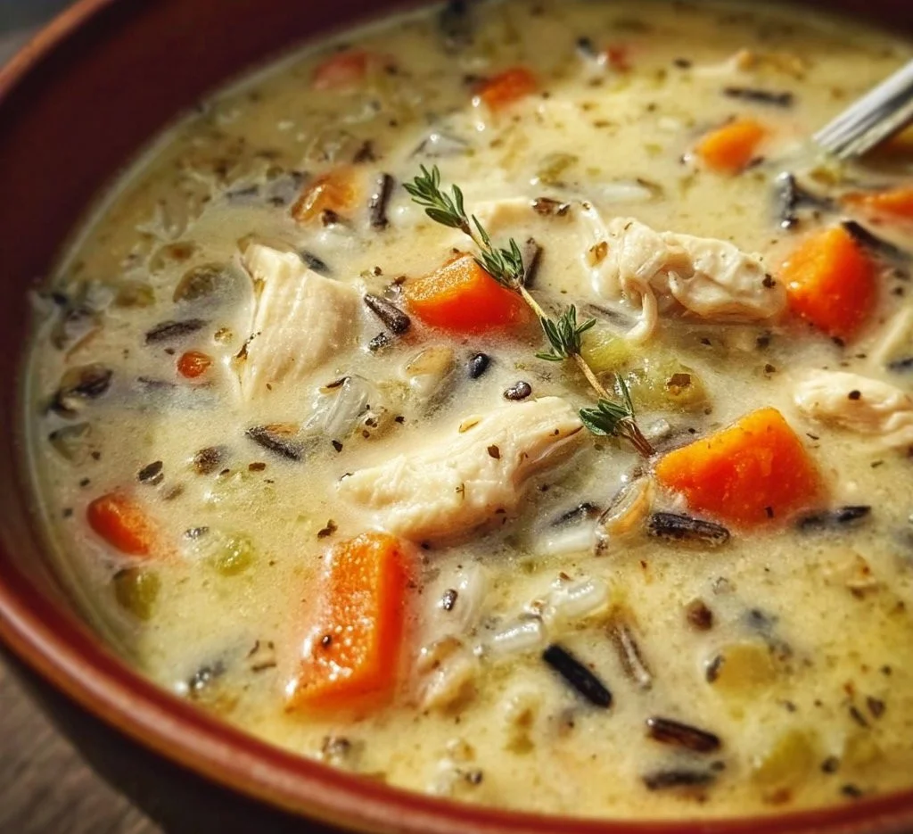 Bowl of homemade Chicken & Wild Rice Soup inspired by Panera's recipe