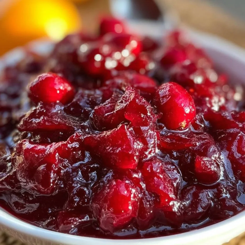 Homemade best ever cranberry sauce served in a dish with a festive background.