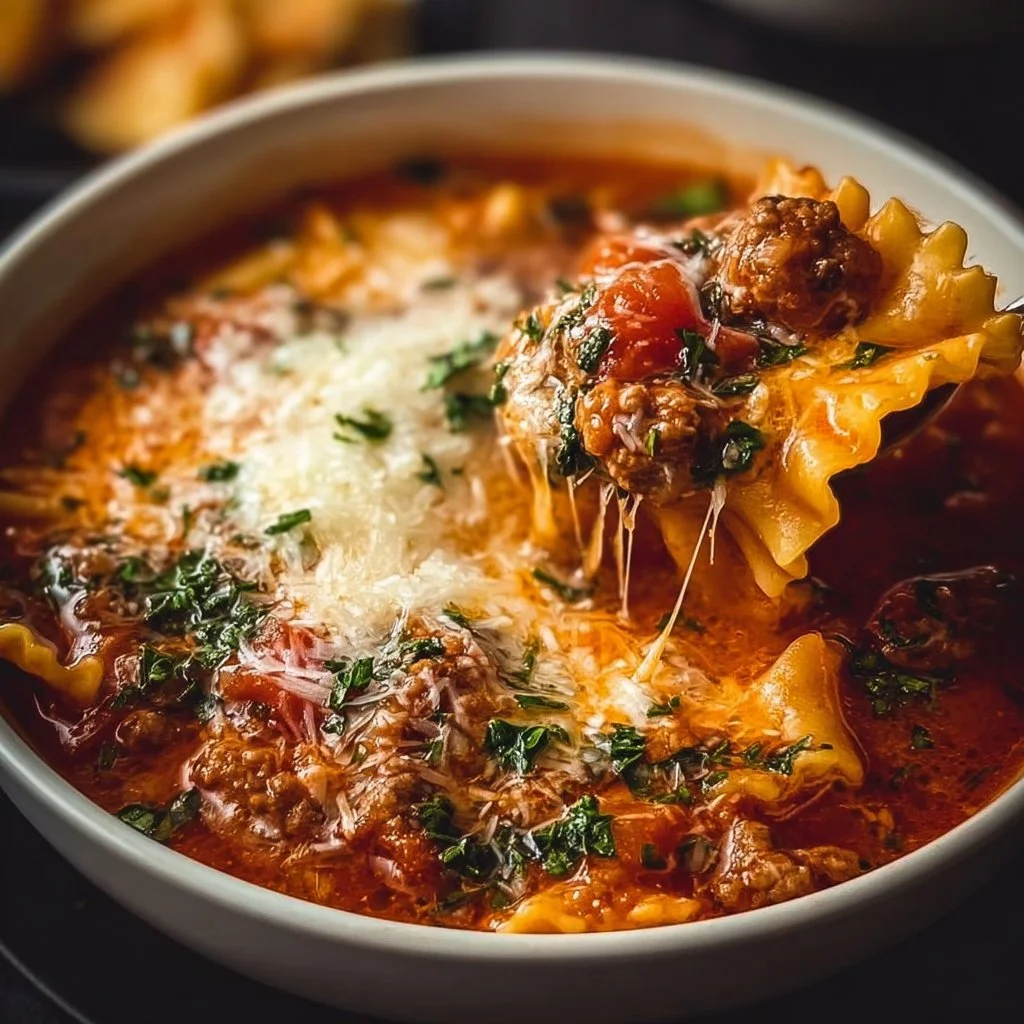 Bowl of delicious lasagna soup with melted cheese and herbs