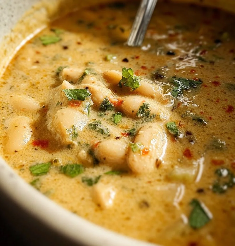 A bowl of delicious, hearty white chili topped with cilantro and served with cornbread.