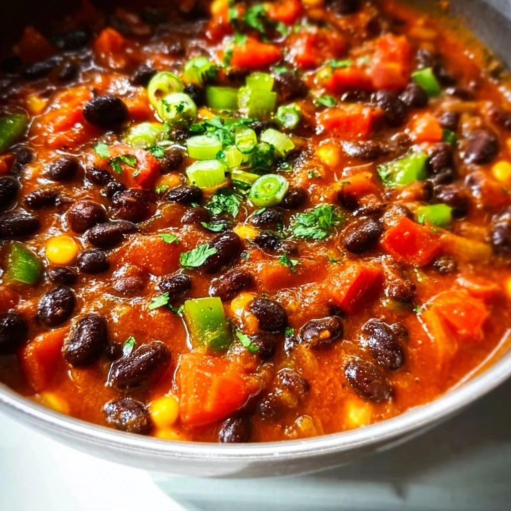 Hearty black bean chili in a bowl topped with fresh herbs