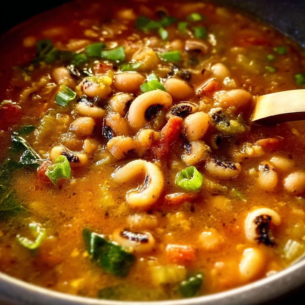 Bowl of delicious Black-Eyed Pea Soup garnished with herbs and spices.