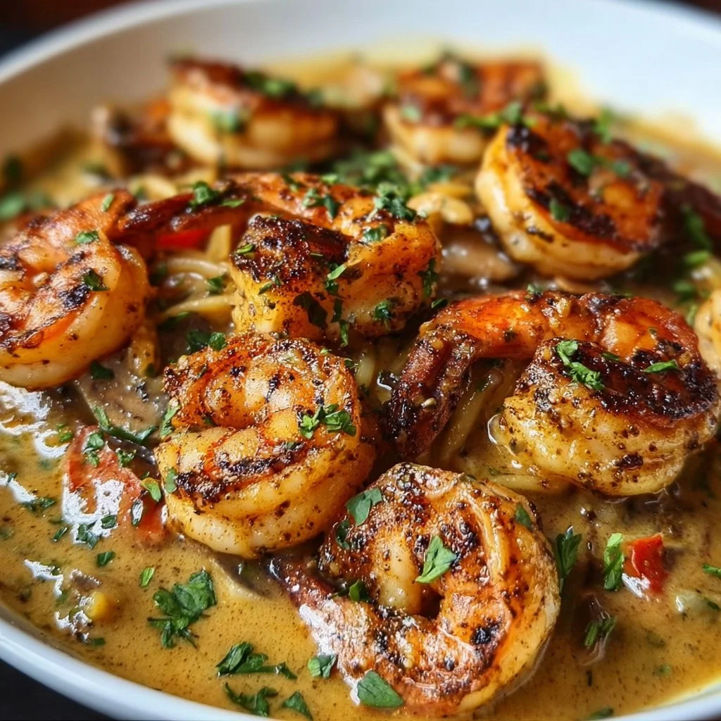 Plate of Blackened Shrimp Stroganoff garnished with herbs and served with pasta