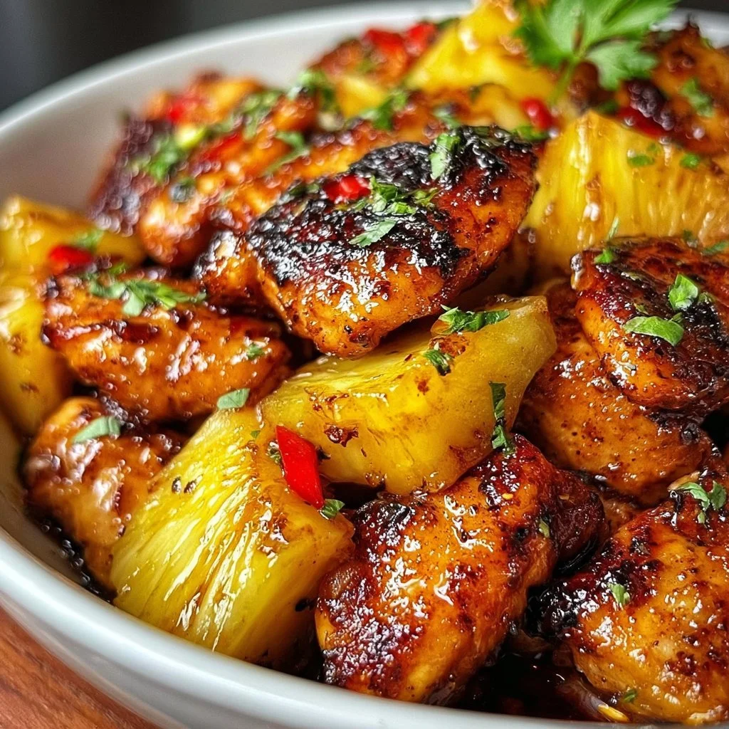 Grilled Blackstone Pineapple Chicken with vibrant colors and garnished herbs.