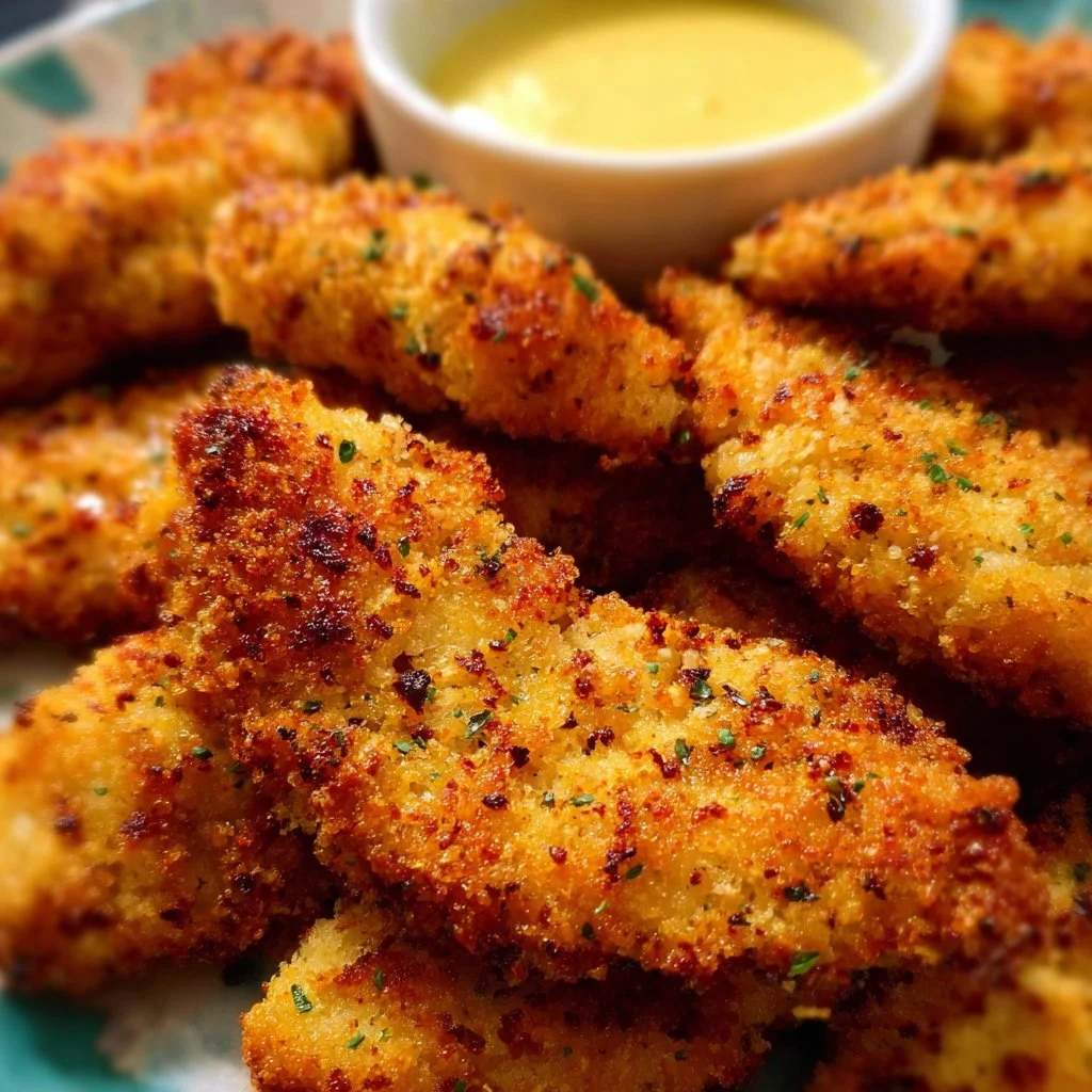 Crispy breaded air fryer chicken tenders served with dipping sauce