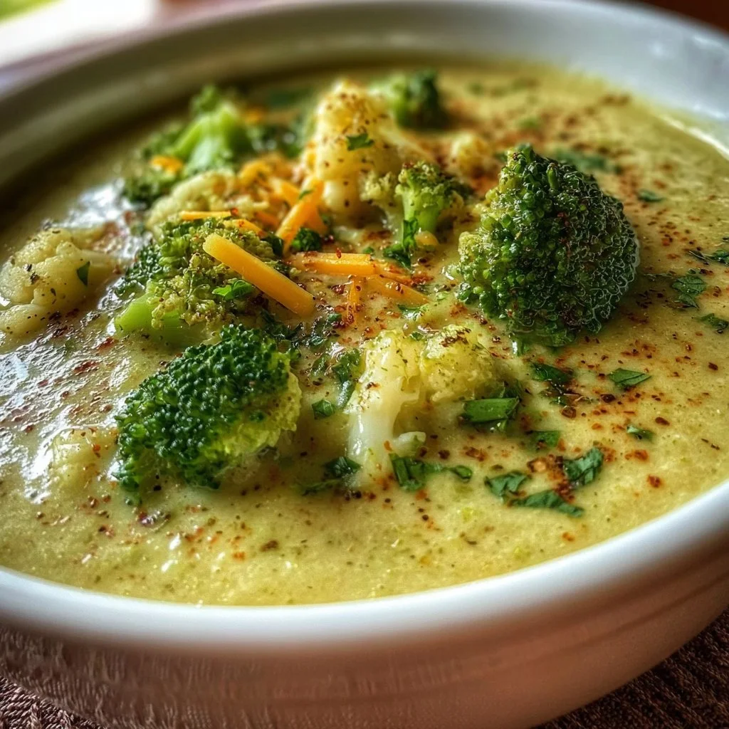 Creamy broccoli cauliflower soup garnished with herbs in a bowl