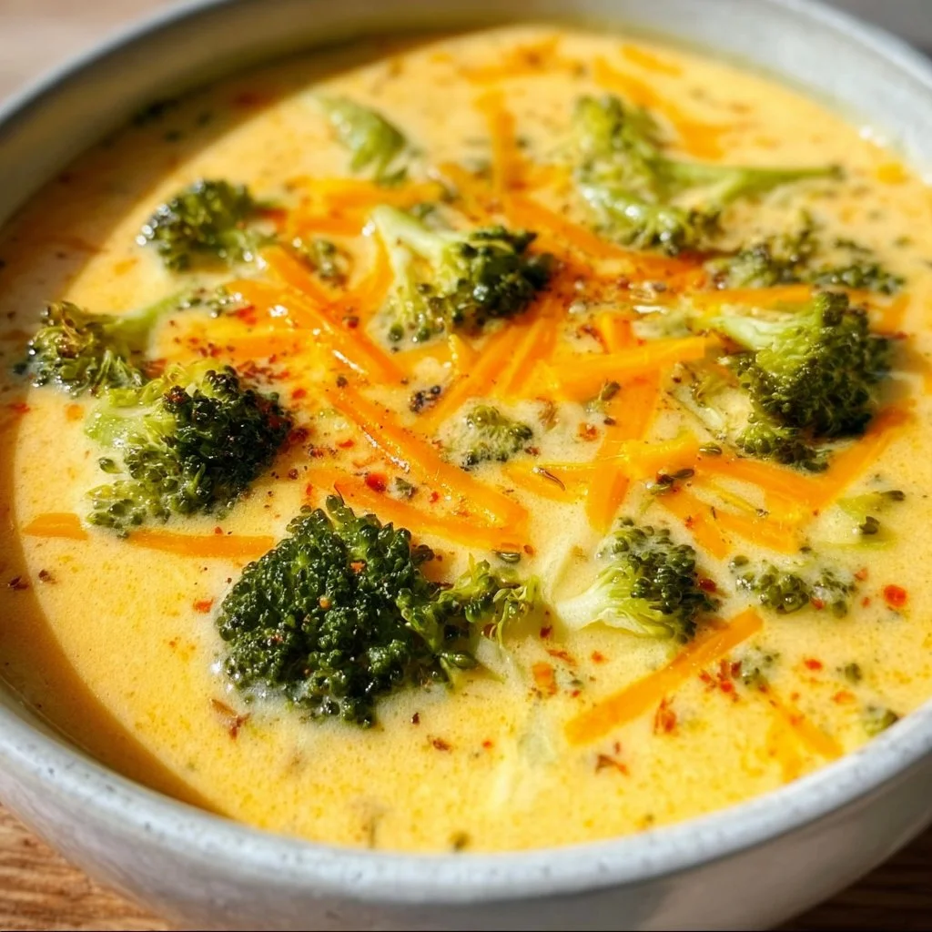 Delicious bowl of broccoli cheddar soup garnished with fresh herbs