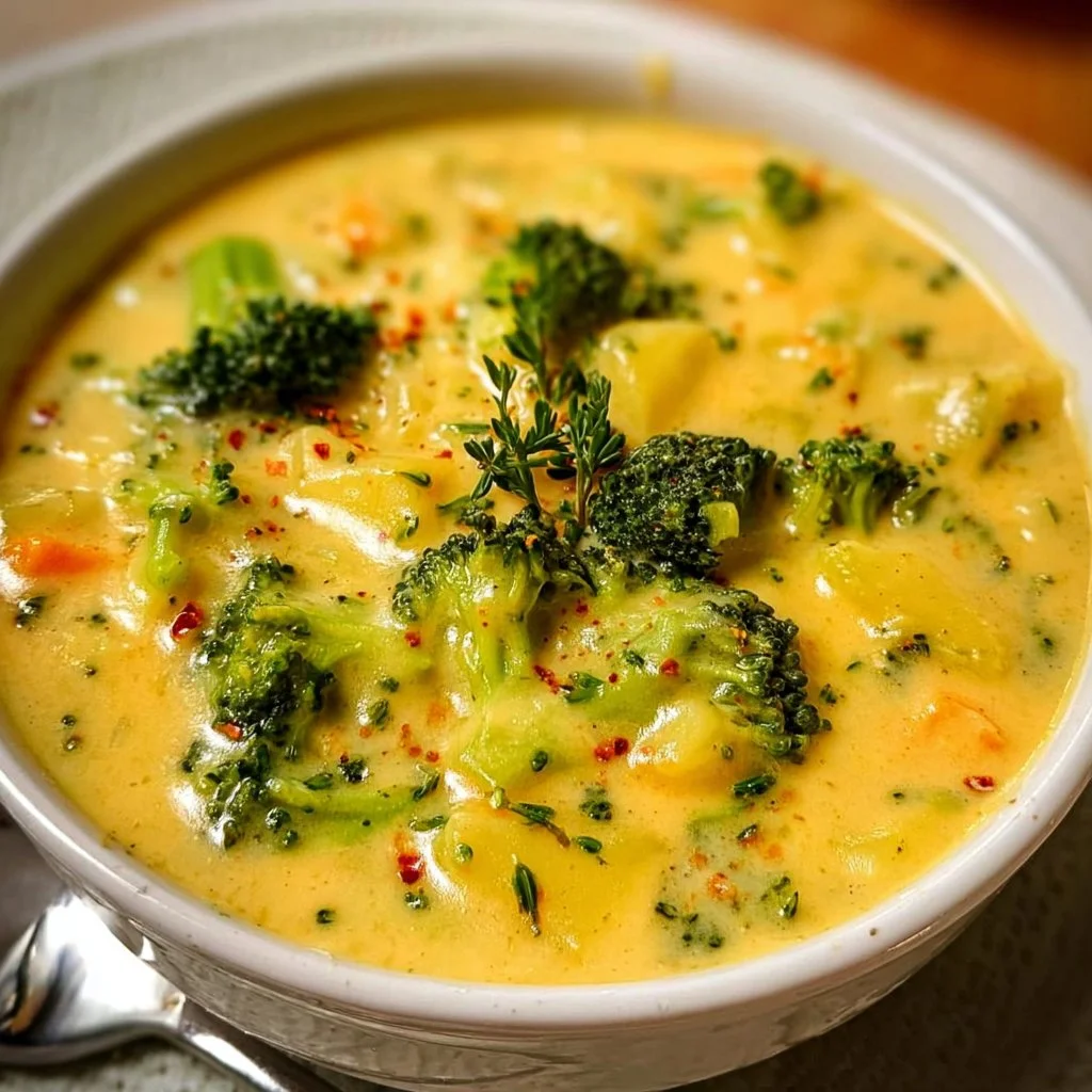 Bowl of creamy Broccoli Potato Cheese Soup garnished with herbs
